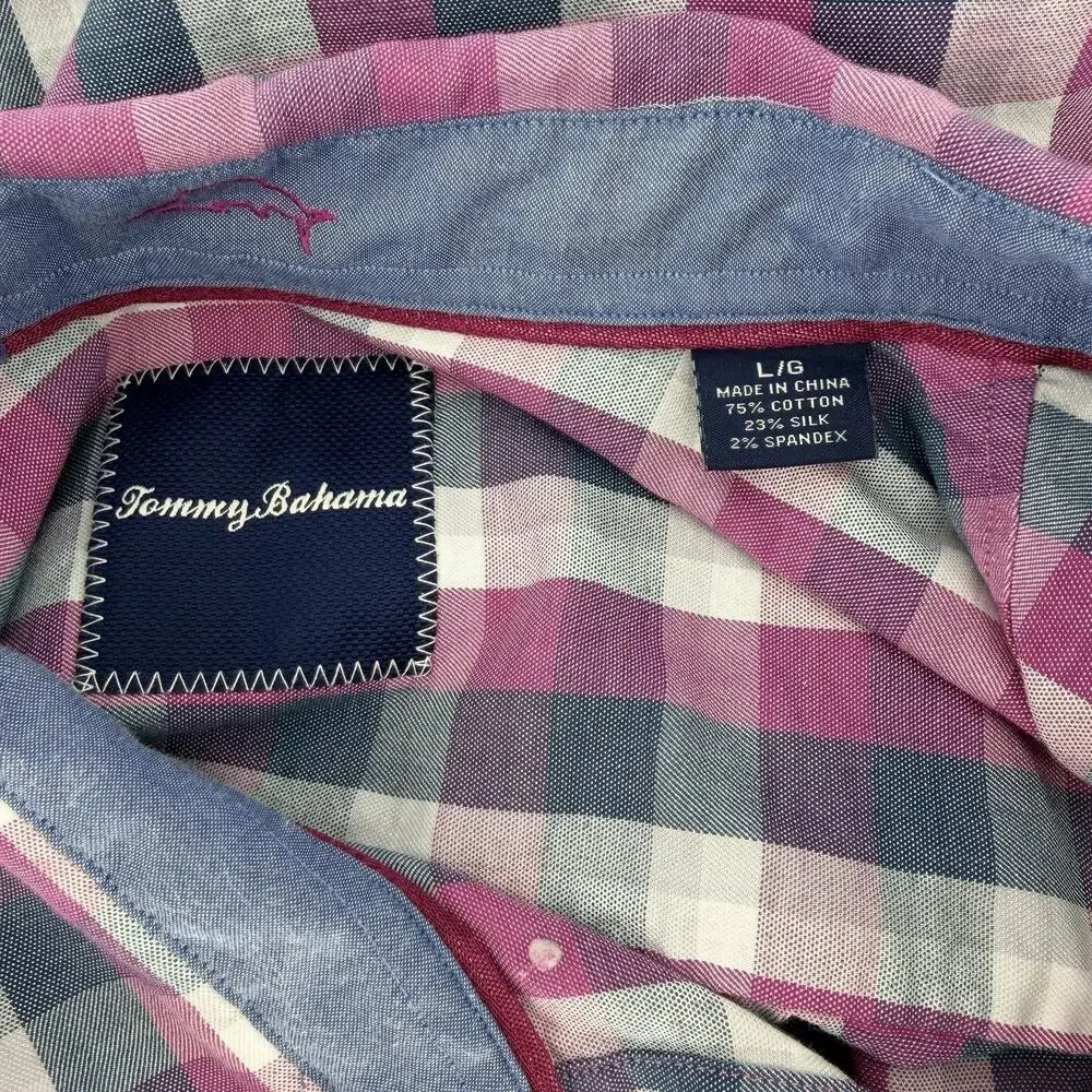 Tommy Bahama Stretch Long Sleeve Button Up Shirt Mens Large Fuchsia Blue Plaid - Picture 8 of 8